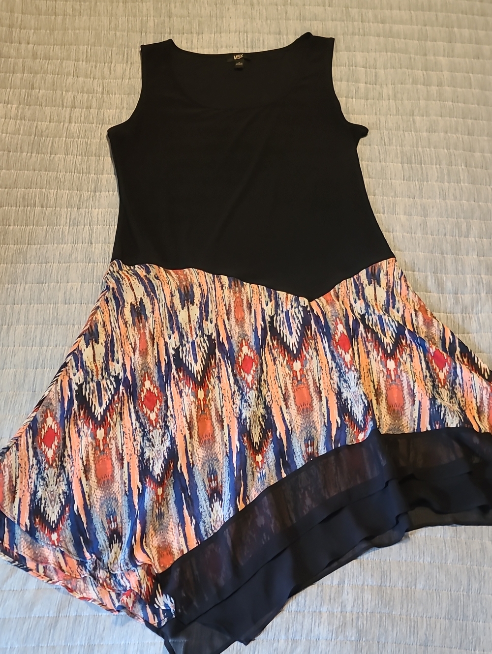 Dark Blue Sleeveless Dress with Colorful Ikat Print Skirt